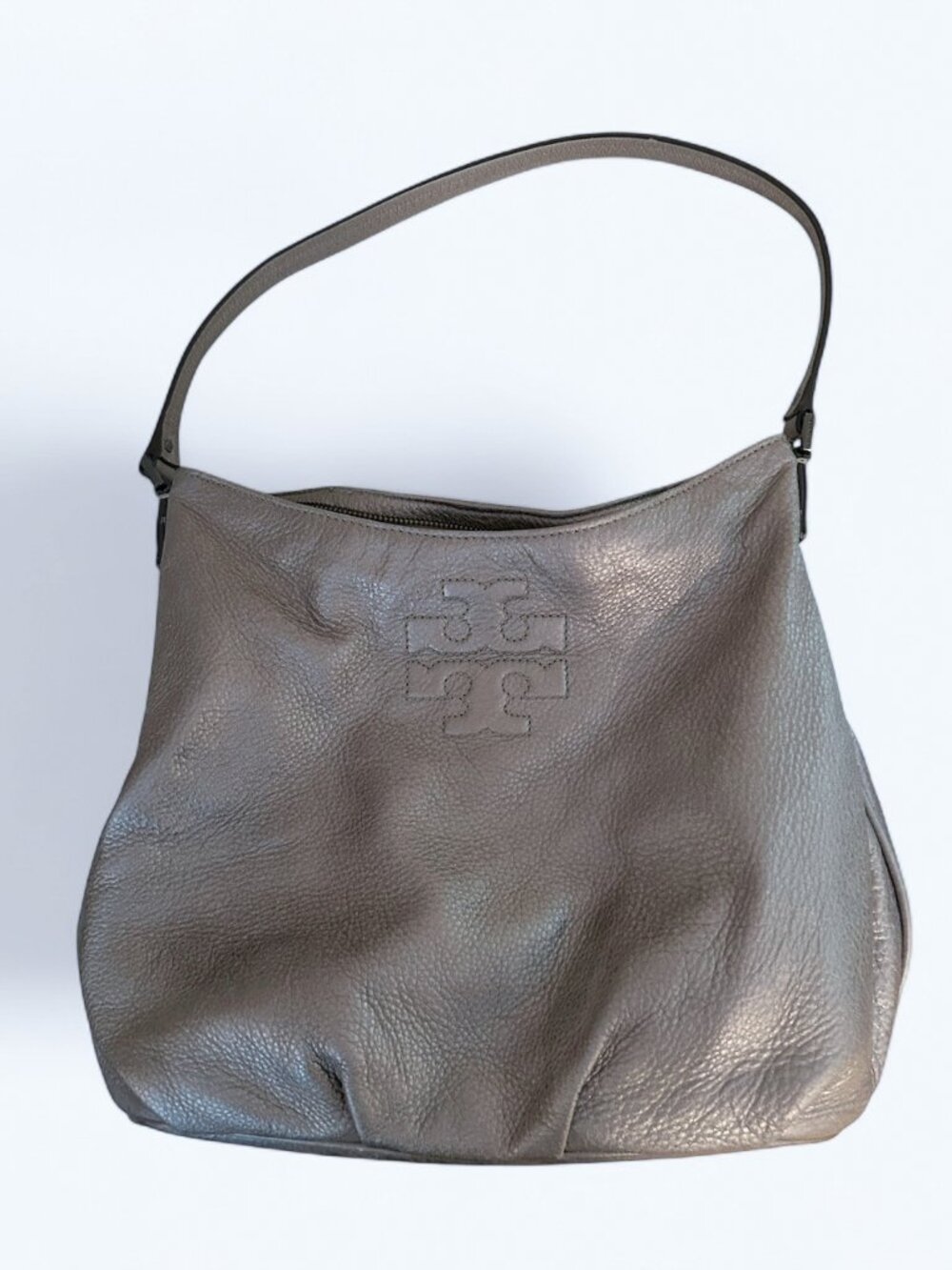 Tory Burch "Harper" Metallic Pewter Pebbled Leather Hobo Bag